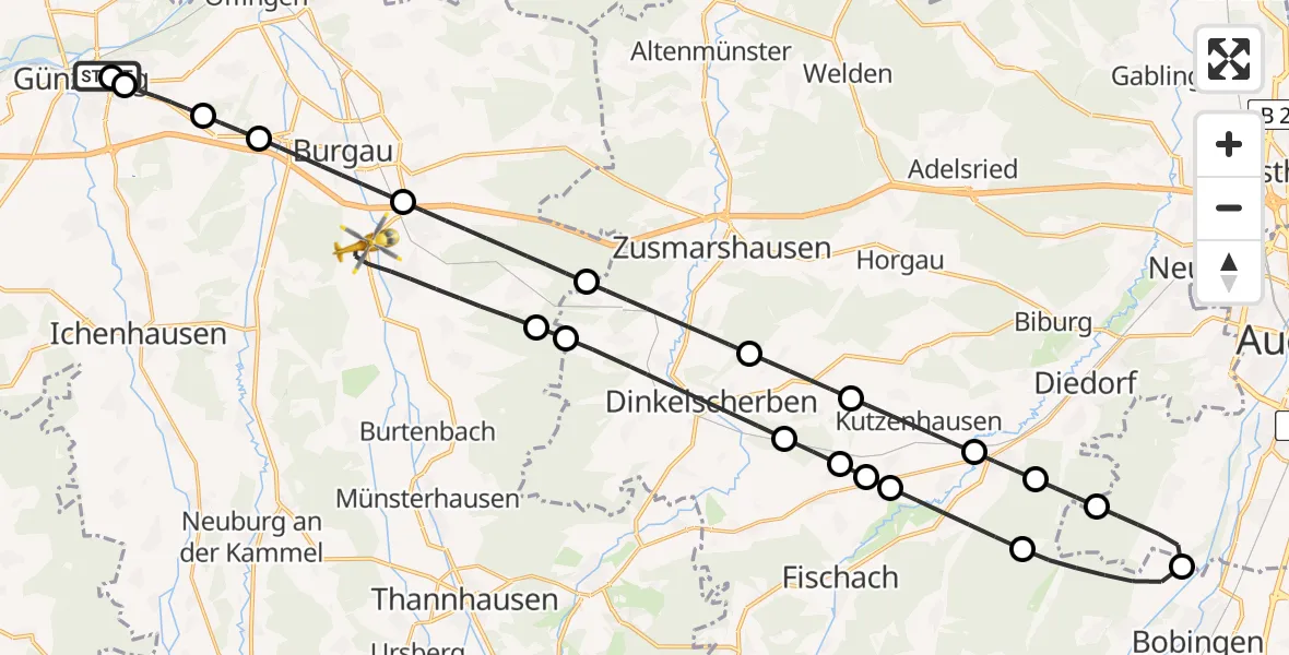 Flugroute Rettungshubschrauber Günzburg Hospital - Jettingen-Scheppach, 07 April 2026, 23:28
