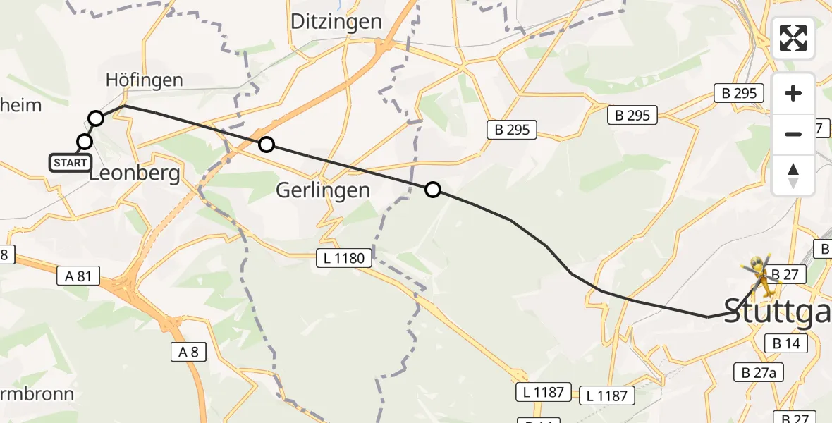Flugroute Rettungshubschrauber Leonberg Hospital - Stuttgart, 07 April 2026, 23:36
