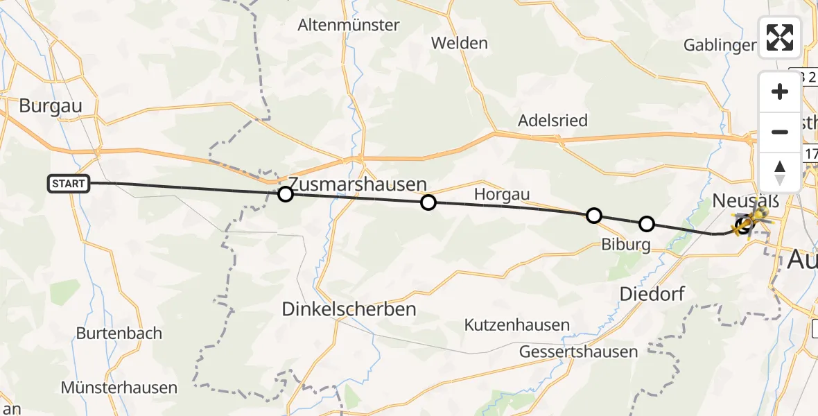 Flugroute Rettungshubschrauber Jettingen-Scheppach - Augsburg University Hospital, 08 April 2026, 00:15