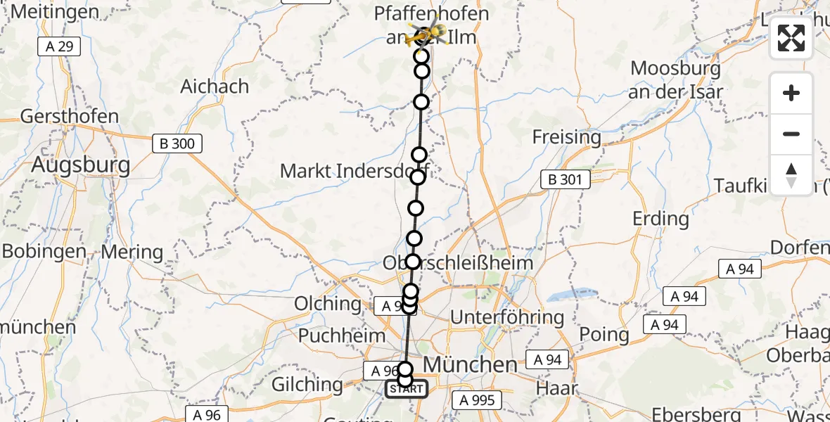 Flugroute Rettungshubschrauber DRF Air Rescue München Hubschrauberlandeplatz - Ilmtal Hospital Pfaffenhofen Hubschrauberlandeplatz, 08 April 2026, 01:27