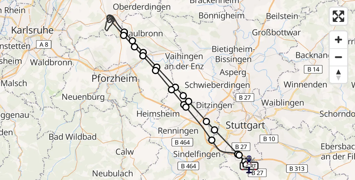 Flugroute Polizeihubschrauber Flughafen Stuttgart - Flughafen Stuttgart, 08 April 2026, 01:38