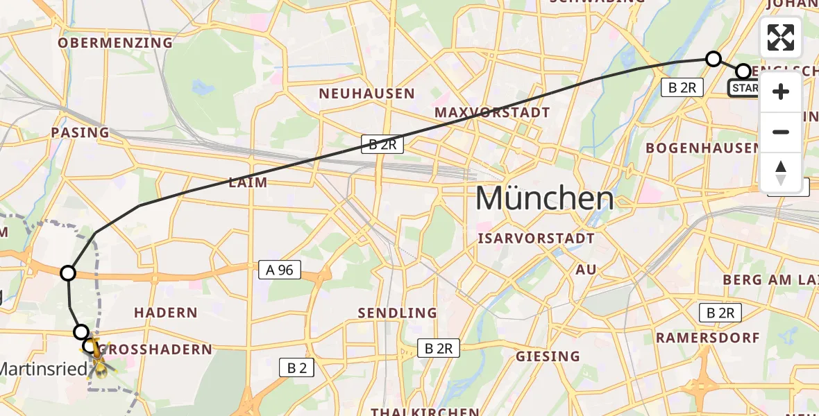 Flugroute Rettungshubschrauber München Bogenhausen Hospital - DRF Air Rescue München Hubschrauberlandeplatz, 08 April 2026, 02:59
