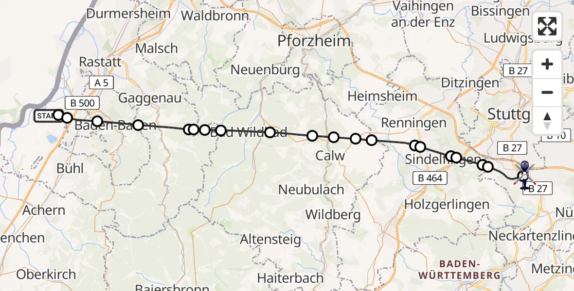 Flugroute Polizeihubschrauber Karlsruhe Baden-Baden Flughafen - Flughafen Stuttgart, 08 April 2026, 04:31