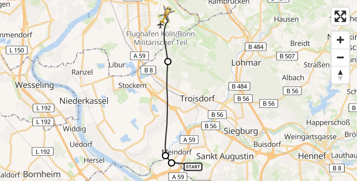 Flugroute Rettungshubschrauber Sankt Augustin - Köln Bonn Flughafen, 08 April 2026, 04:45