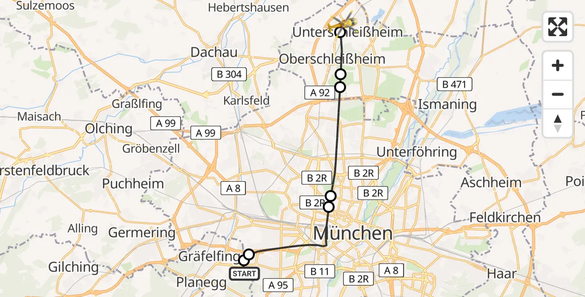 Flugroute Rettungshubschrauber DRF Air Rescue München Hubschrauberlandeplatz - Unterschleißheim, 08 April 2026, 04:46