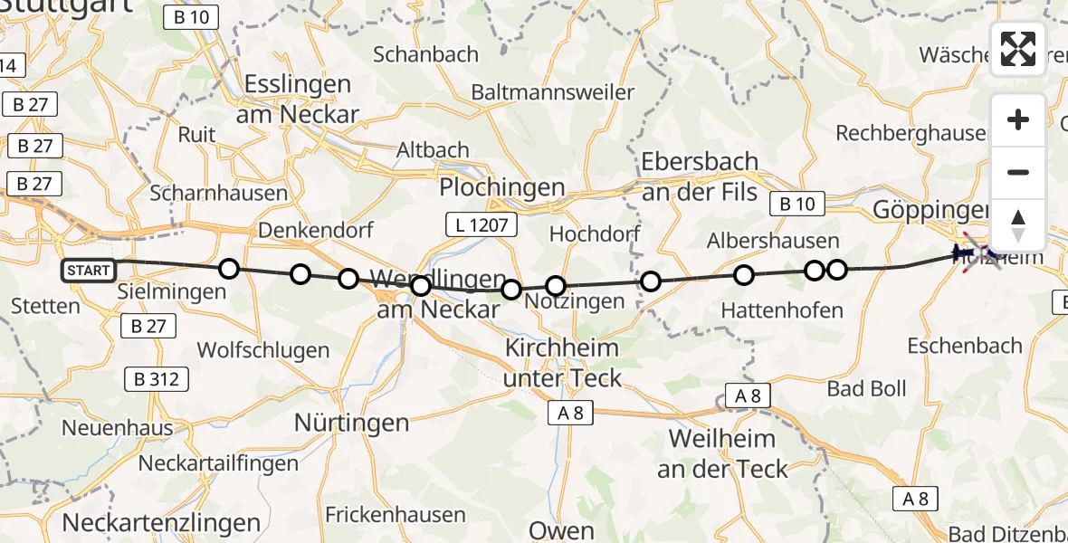Flugroute Polizeihubschrauber Flughafen Stuttgart - Göppingen, 08 April 2026, 05:00