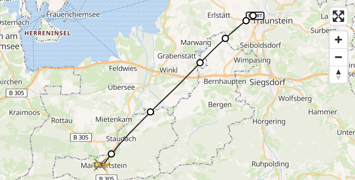 Flugroute Rettungshubschrauber Traunstein Hospital - Marquartstein, 08 April 2026, 05:13