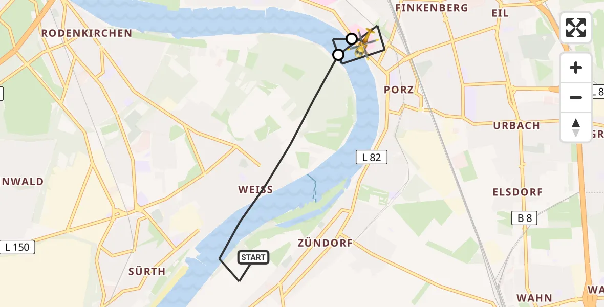 Flugroute Rettungshubschrauber Köln - Porz am Rhein Hospital, 08 April 2026, 05:25