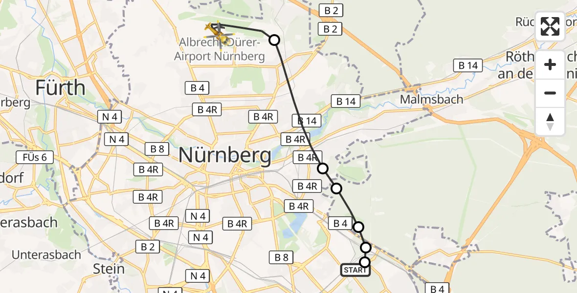 Flugroute Ambulanzhubschrauber Nürnberg South Hospital - Flughafen Nuremberg, 08 April 2026, 05:34