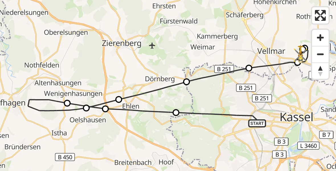 Flugroute Rettungshubschrauber Kassel - Fuldatal Bundespolizei Hubschrauberlandeplatz, 08 April 2026, 05:53