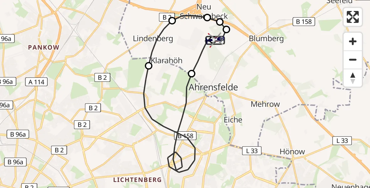 Flugroute Polizeihubschrauber Ahrensfelde Hubschrauberlandeplatz - Ahrensfelde Hubschrauberlandeplatz, 08 April 2026, 06:05