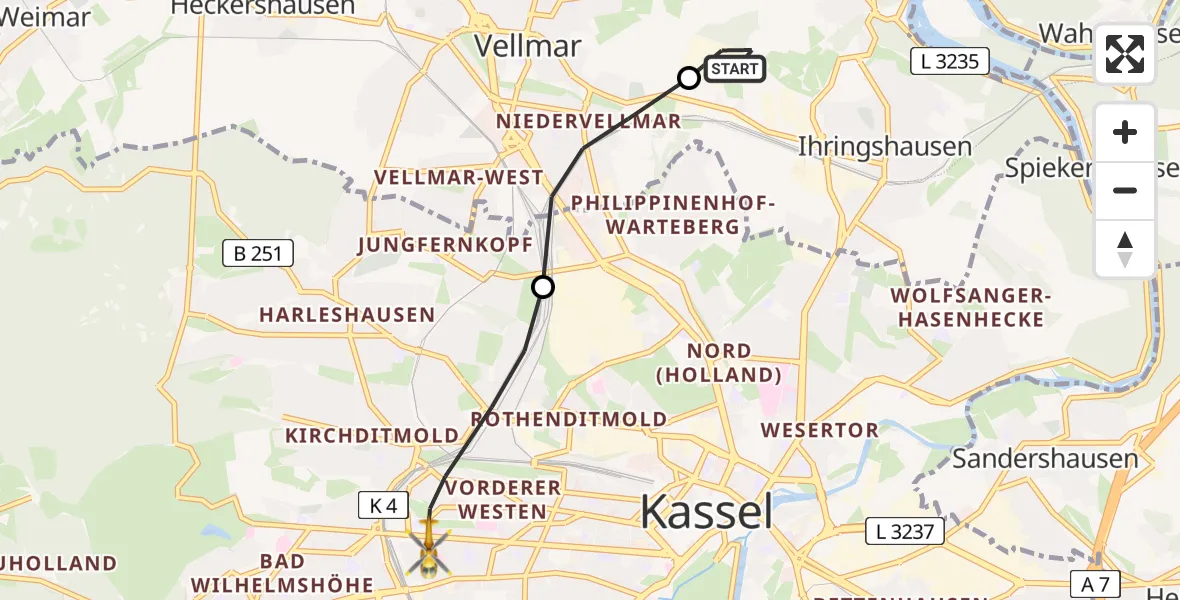 Flugroute Rettungshubschrauber Fuldatal Bundespolizei Hubschrauberlandeplatz - Kassel, 08 April 2026, 06:11