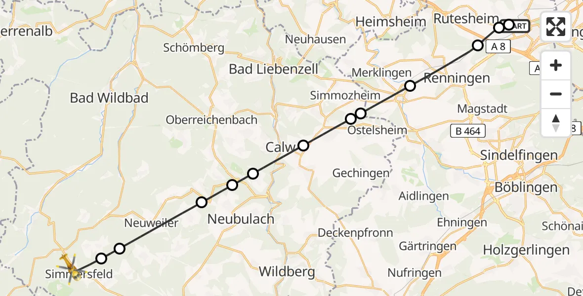 Flugroute Rettungshubschrauber Leonberg Hospital - Simmersfeld, 08 April 2026, 06:28