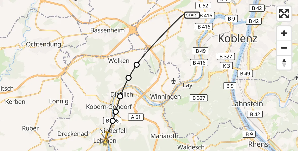 Flugroute Rettungshubschrauber Koblenz - Lehmen, 08 April 2026, 06:36