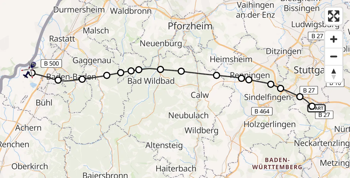 Flugroute Polizeihubschrauber Flughafen Stuttgart - Karlsruhe Baden-Baden Flughafen, 08 April 2026, 06:38
