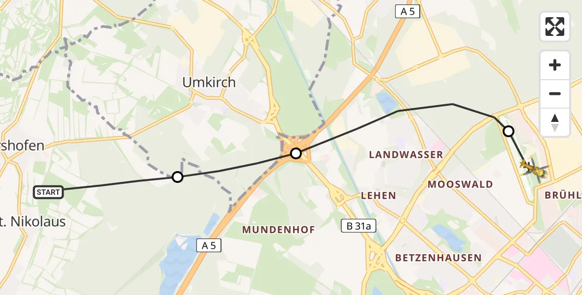Flugroute Rettungshubschrauber Freiburg im Breisgau - Freiburg im Breisgau Flugplatz, 08 April 2026, 06:38