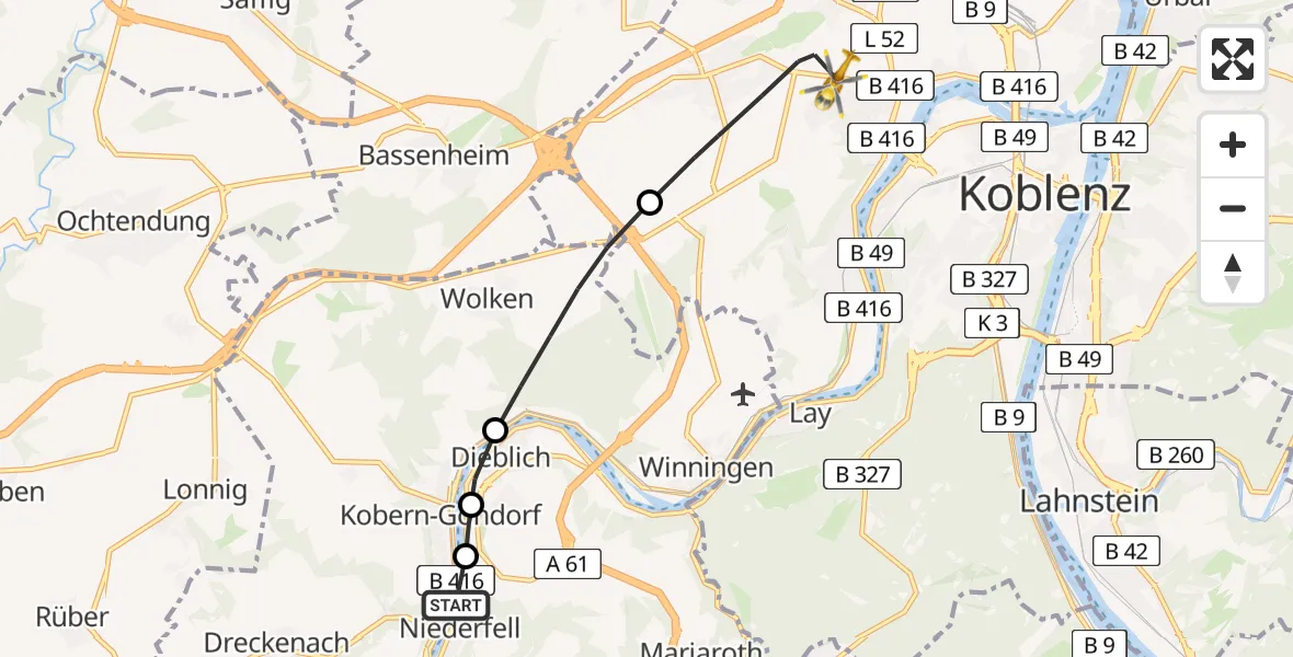 Flugroute Rettungshubschrauber Kobern-Gondorf - Koblenz, 08 April 2026, 07:13