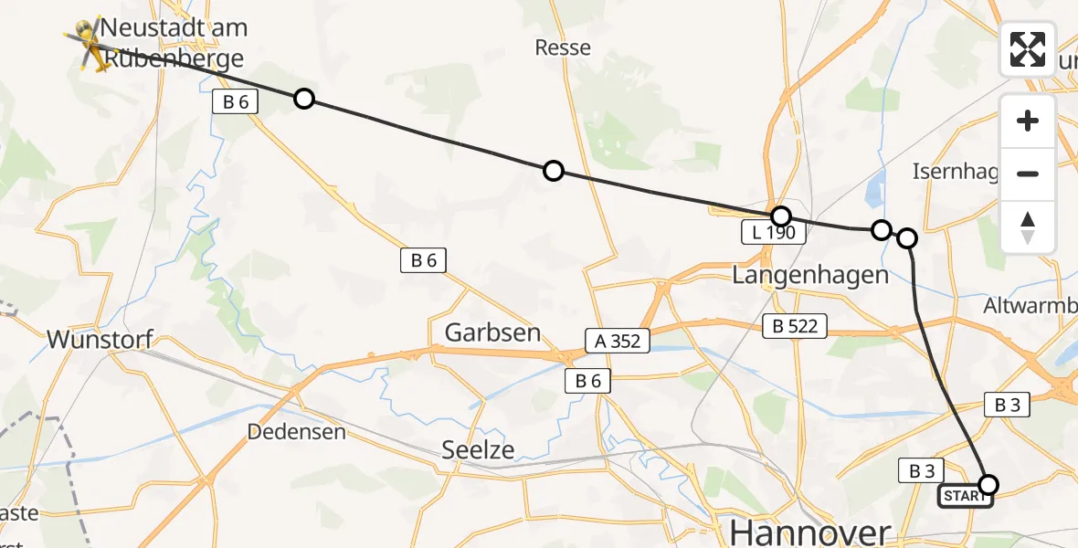 Flugroute Rettungshubschrauber Hannover Luftrettung Hubschrauberlandeplatz (Christoph 4) - Neustadt am Rübenberge, 08 April 2026, 07:21
