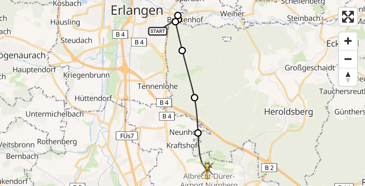 Flugroute Rettungshubschrauber Erlangen - Flughafen Nuremberg, 08 April 2026, 07:27