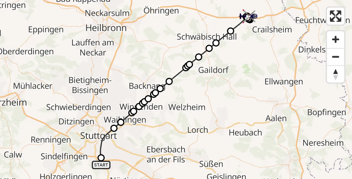 Flugroute Polizeihubschrauber Flughafen Stuttgart - Kirchberg an der Jagst, 08 April 2026, 08:13