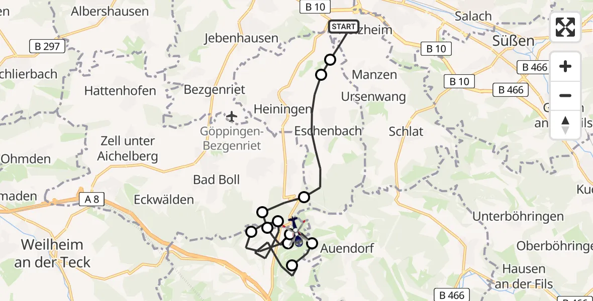Flugroute Polizeihubschrauber Göppingen - Gruibingen-Nortel Flugplatz, 08 April 2026, 08:14