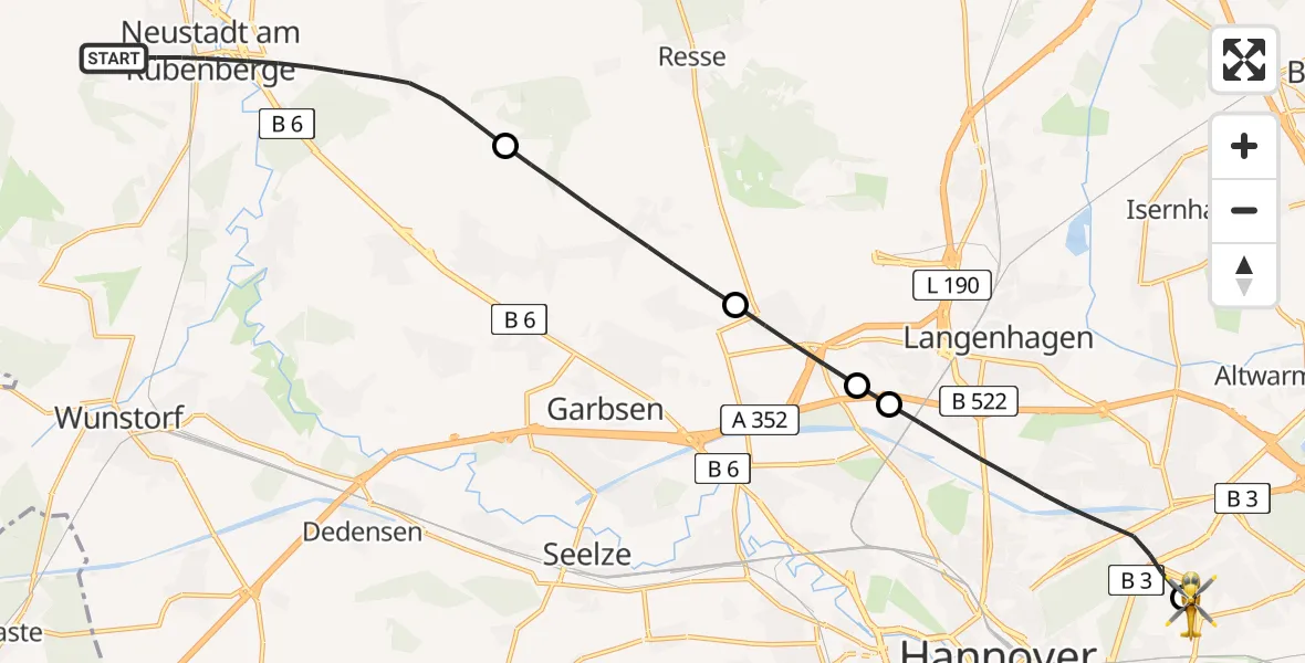 Flugroute Rettungshubschrauber Neustadt am Rübenberge - Hannover Luftrettung Hubschrauberlandeplatz (Christoph 4), 08 April 2026, 08:16
