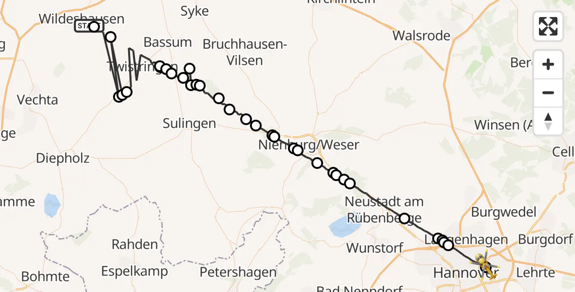 Flugroute Rettungshubschrauber Wildeshausen - Hannover Luftrettung Hubschrauberlandeplatz (Christoph 4), 08 April 2026, 08:21