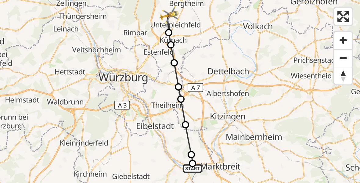 Flugroute Rettungshubschrauber Ochsenfurt - Unterpleichfeld, 08 April 2026, 08:23