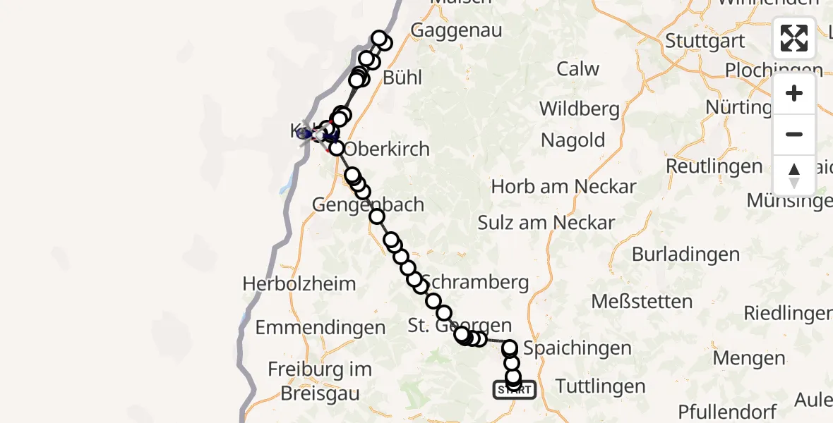 Flugroute Polizeihubschrauber Donaueschingen-Villingen Flugplatz - Kehl-Sundheim Flugplatz, 08 April 2026, 08:31
