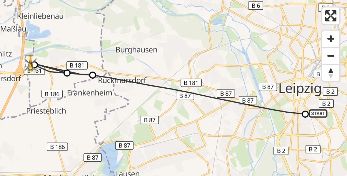 Routekaart van de vlucht: Rettungshubschrauber nach ADAC Air Rescue Station Leipzig/Schkeuditz-Dölzig Hubschrauberlandeplatz (Christoph 61)