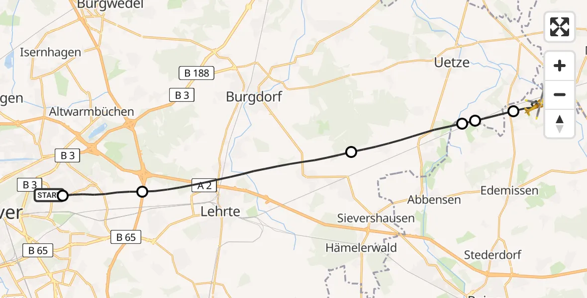 Flugroute Rettungshubschrauber Hannover Luftrettung Hubschrauberlandeplatz (Christoph 4) - Edemissen, 08 April 2026, 08:58