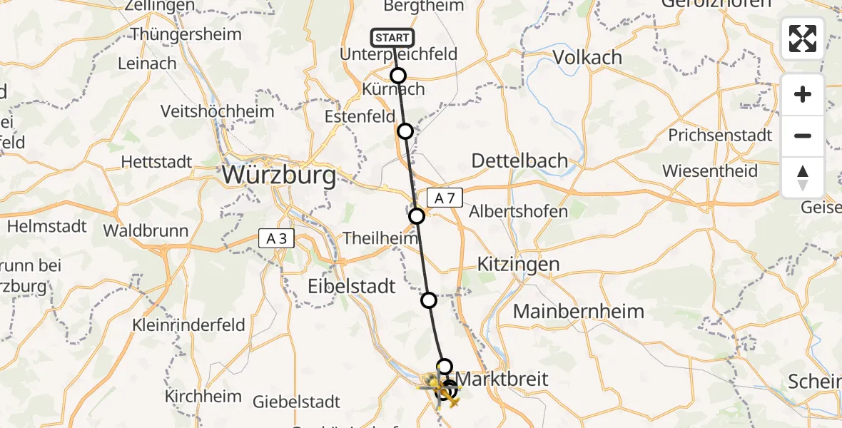 Flugroute Rettungshubschrauber Unterpleichfeld - Ochsenfurt Hospital, 08 April 2026, 09:03