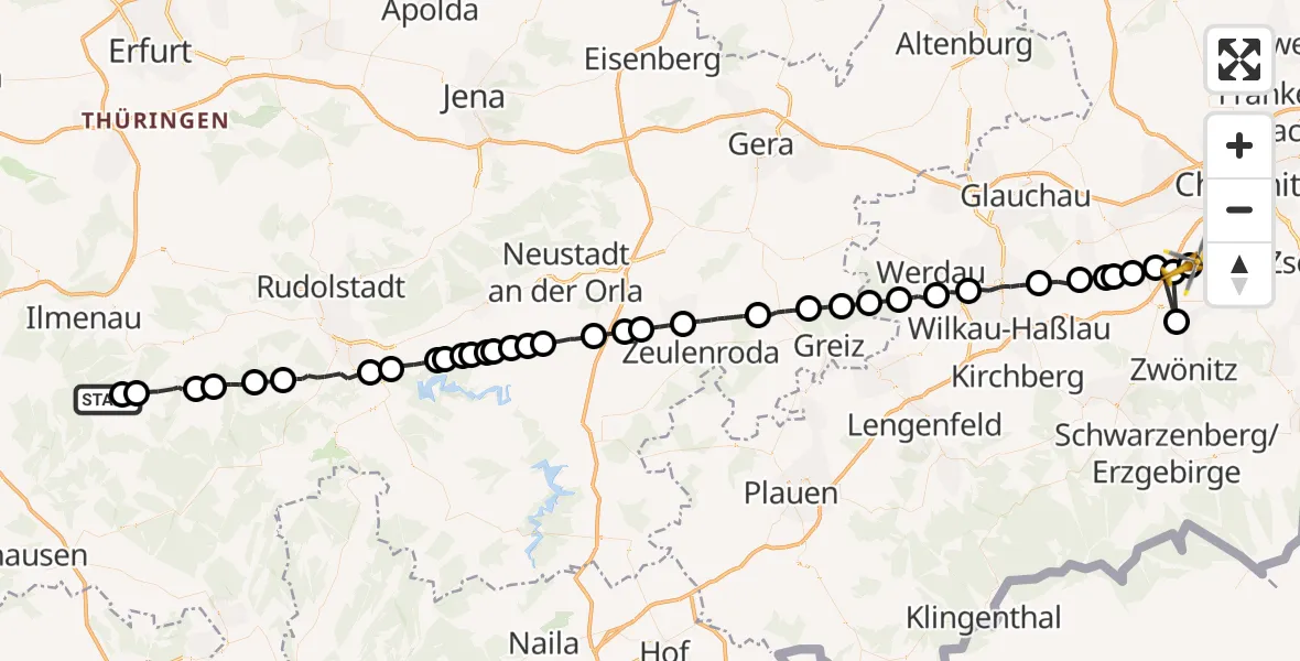 Flugroute Ambulanzhubschrauber Großbreitenbach - Jahnsdorf/Erzgeb., 08 April 2026, 09:22