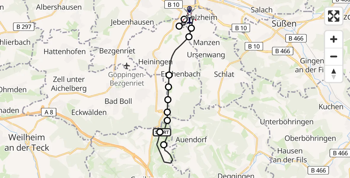 Flugroute Polizeihubschrauber Gruibingen-Nortel Flugplatz - Göppingen, 08 April 2026, 09:27