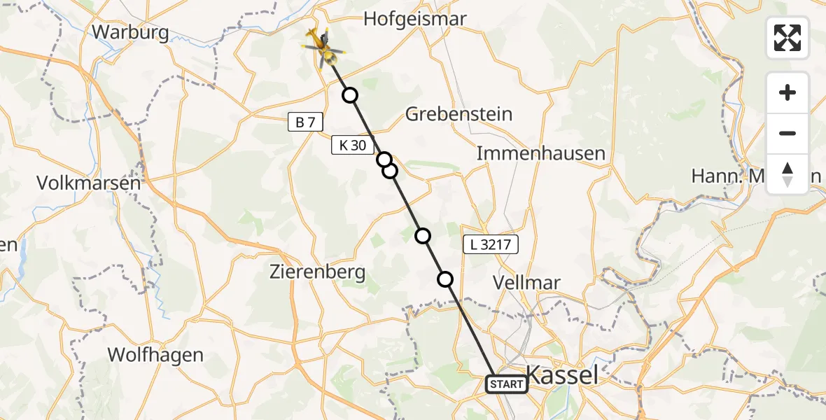 Flugroute Rettungshubschrauber Kassel - Liebenau, 08 April 2026, 09:40