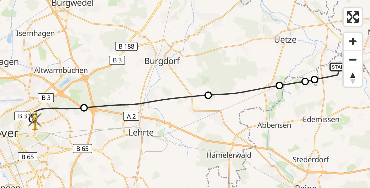 Flugroute Rettungshubschrauber Edemissen - Hannover Luftrettung Hubschrauberlandeplatz (Christoph 4), 08 April 2026, 09:57