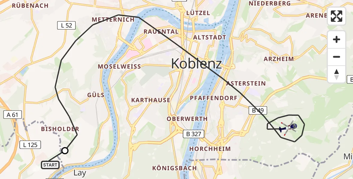 Flugroute Polizeihubschrauber Koblenz-Winningen Flugplatz - Koblenz, 08 April 2026, 09:59