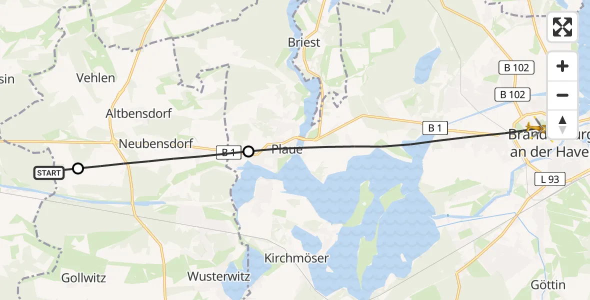 Flugroute Rettungshubschrauber Jerichow - Brandenburg an der Havel, 08 April 2026, 10:02