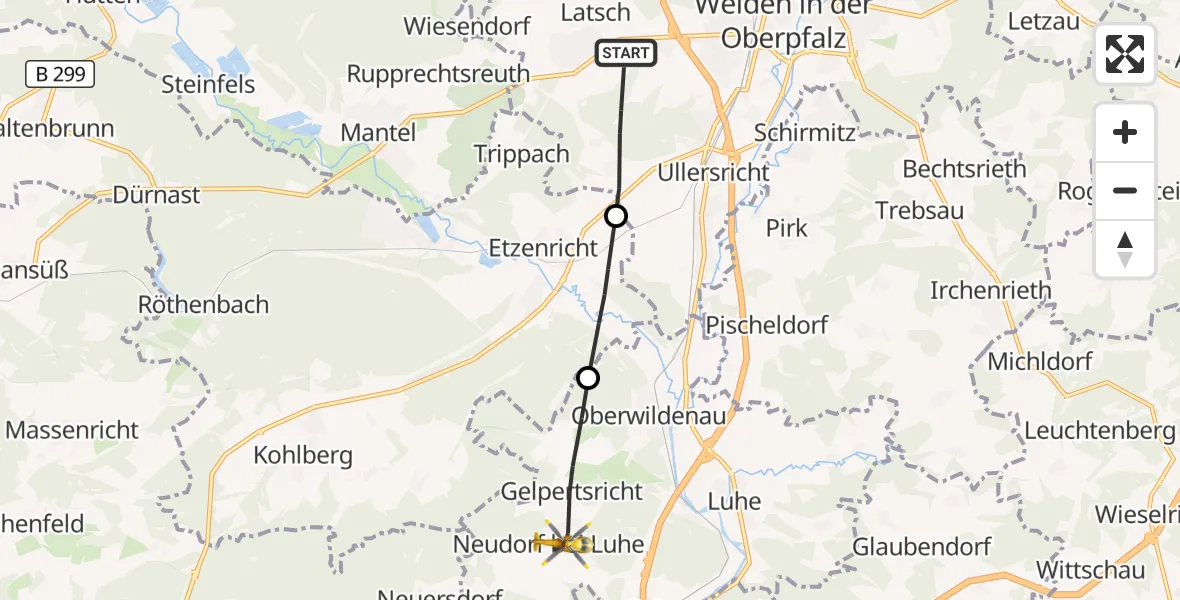 Flugroute Rettungshubschrauber Weiden i.d.OPf. - Luhe-Wildenau, 08 April 2026, 10:04