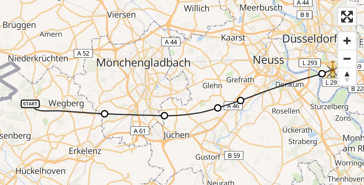 Flugroute Rettungshubschrauber Wegberg - Düsseldorf, 08 April 2026, 10:05