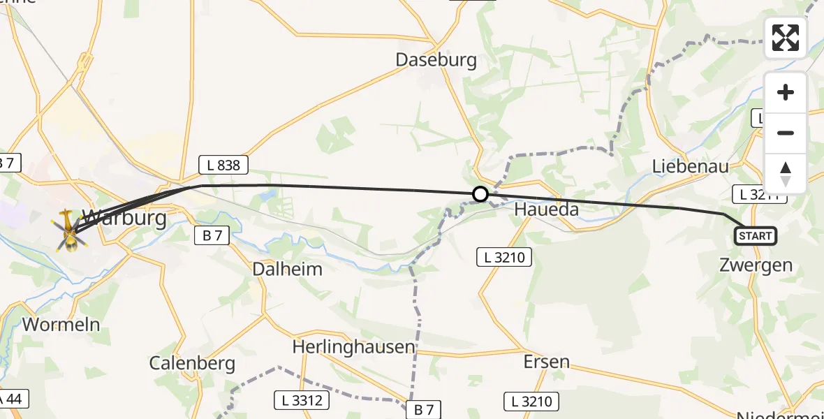 Flugroute Rettungshubschrauber Liebenau - Warburg, 08 April 2026, 10:25