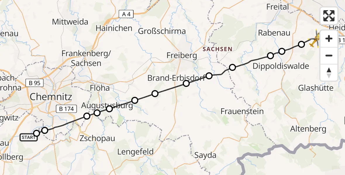 Flugroute Ambulanzhubschrauber Jahnsdorf/Erzgeb. - Kreischa, 08 April 2026, 10:26