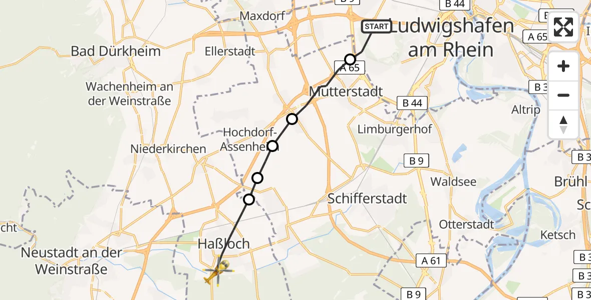 Flugroute Rettungshubschrauber Ludwigshafen am Rhein - Haßloch, 08 April 2026, 10:28