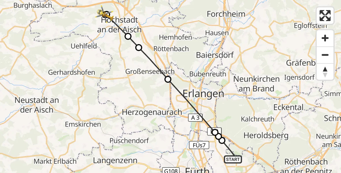Flugroute Ambulanzhubschrauber Flughafen Nuremberg - Lonnerstadt, 08 April 2026, 10:29