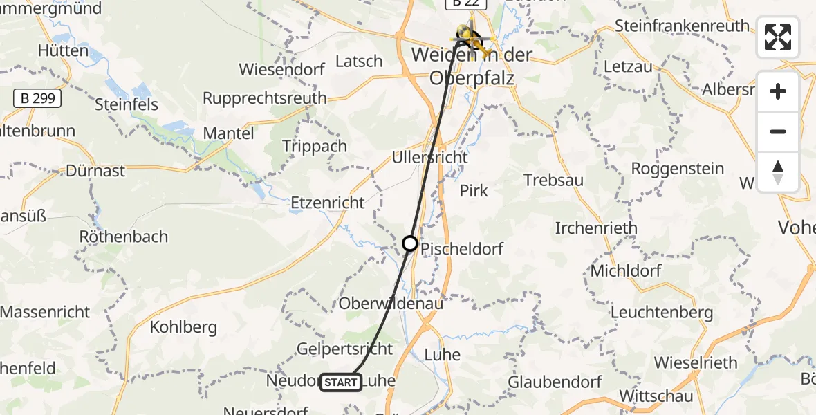 Flugroute Rettungshubschrauber Luhe-Wildenau - Weiden Hospital, 08 April 2026, 10:34