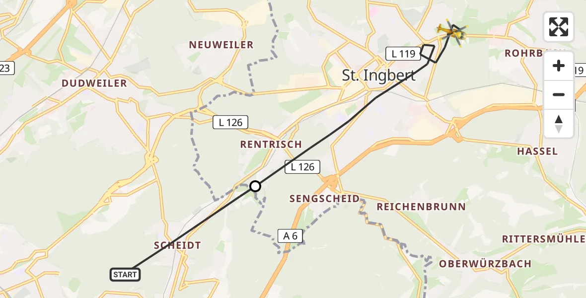 Flugroute Rettungshubschrauber Saarbrücken - St. Ingbert, 08 April 2026, 10:53