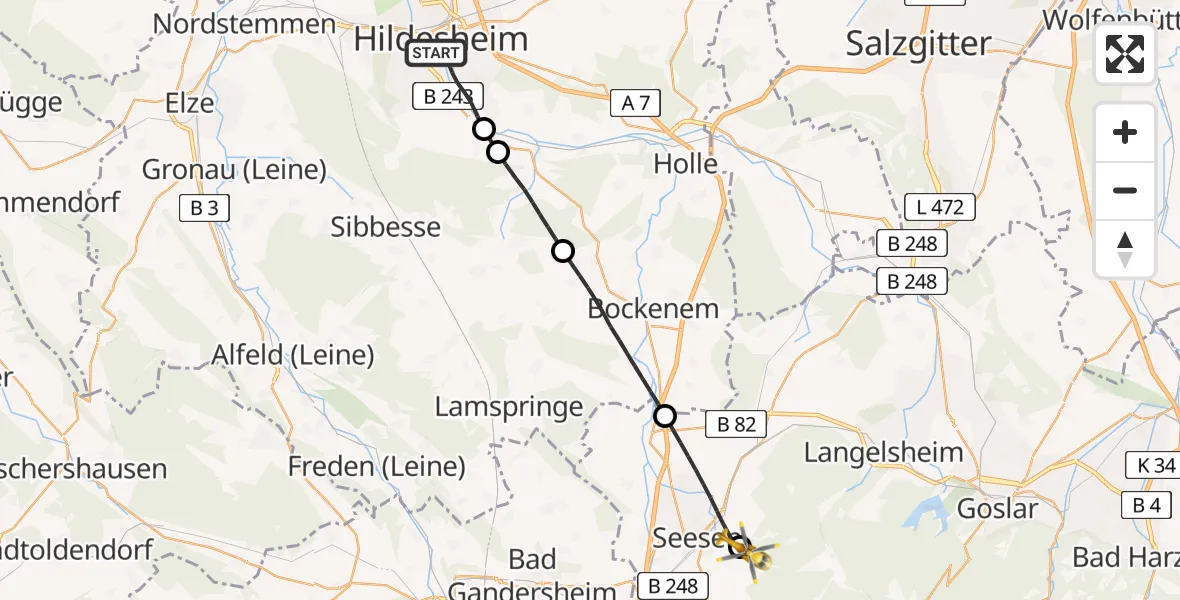 Flugroute Rettungshubschrauber Hildesheim - Harz (Landkreis Goslar), 08 April 2026, 10:58