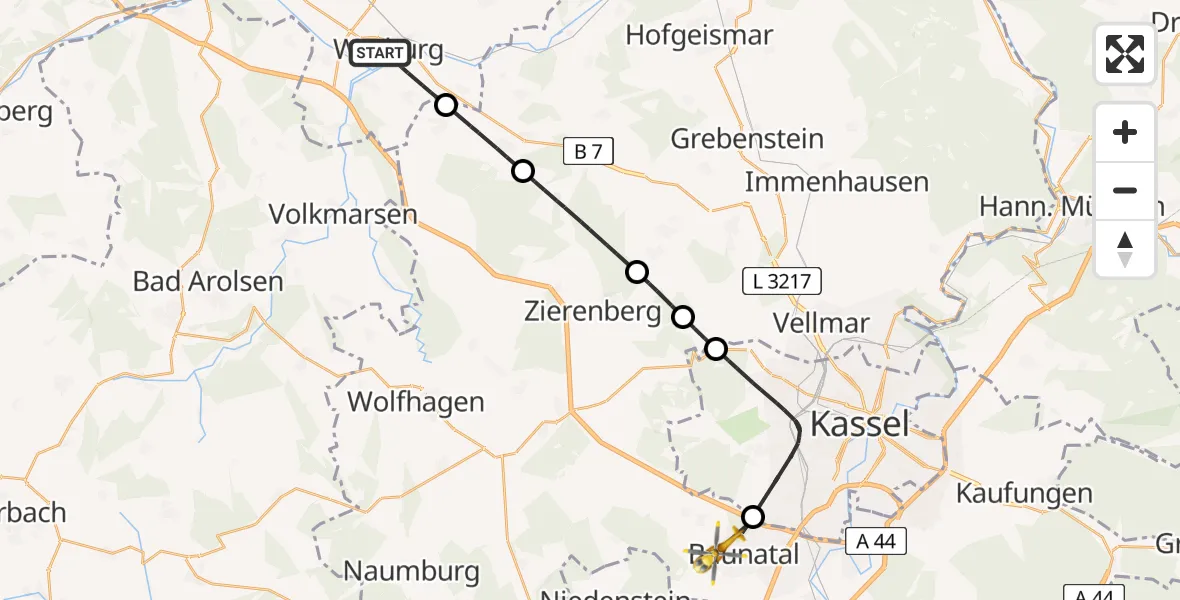 Flugroute Rettungshubschrauber Warburg - Baunatal, 08 April 2026, 11:03