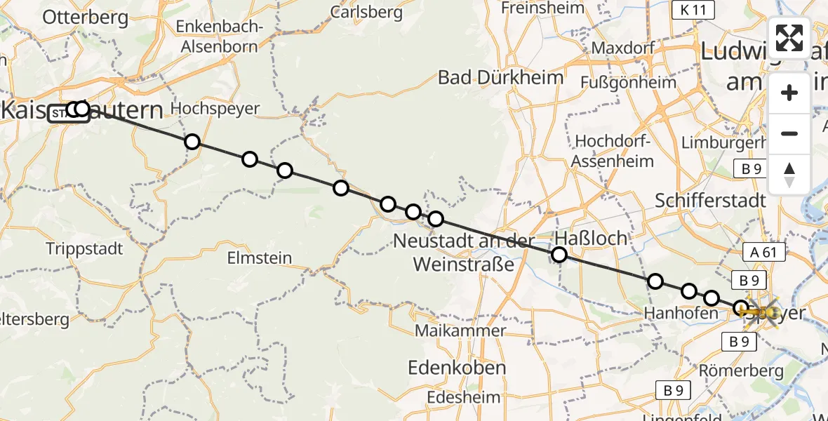 Flugroute Rettungshubschrauber Westpfalz Hospital Kaiserslautern - Speyer, 08 April 2026, 11:04