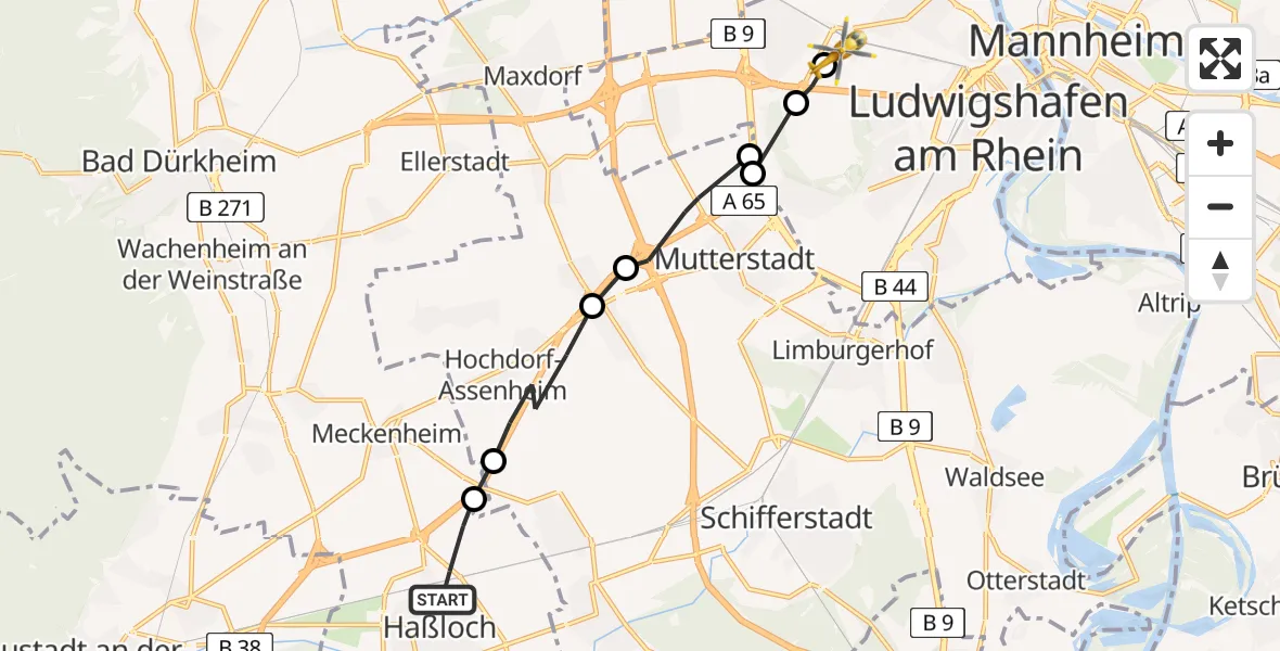 Flugroute Rettungshubschrauber Haßloch - Ludwigshafen Accident Hospital, 08 April 2026, 11:09